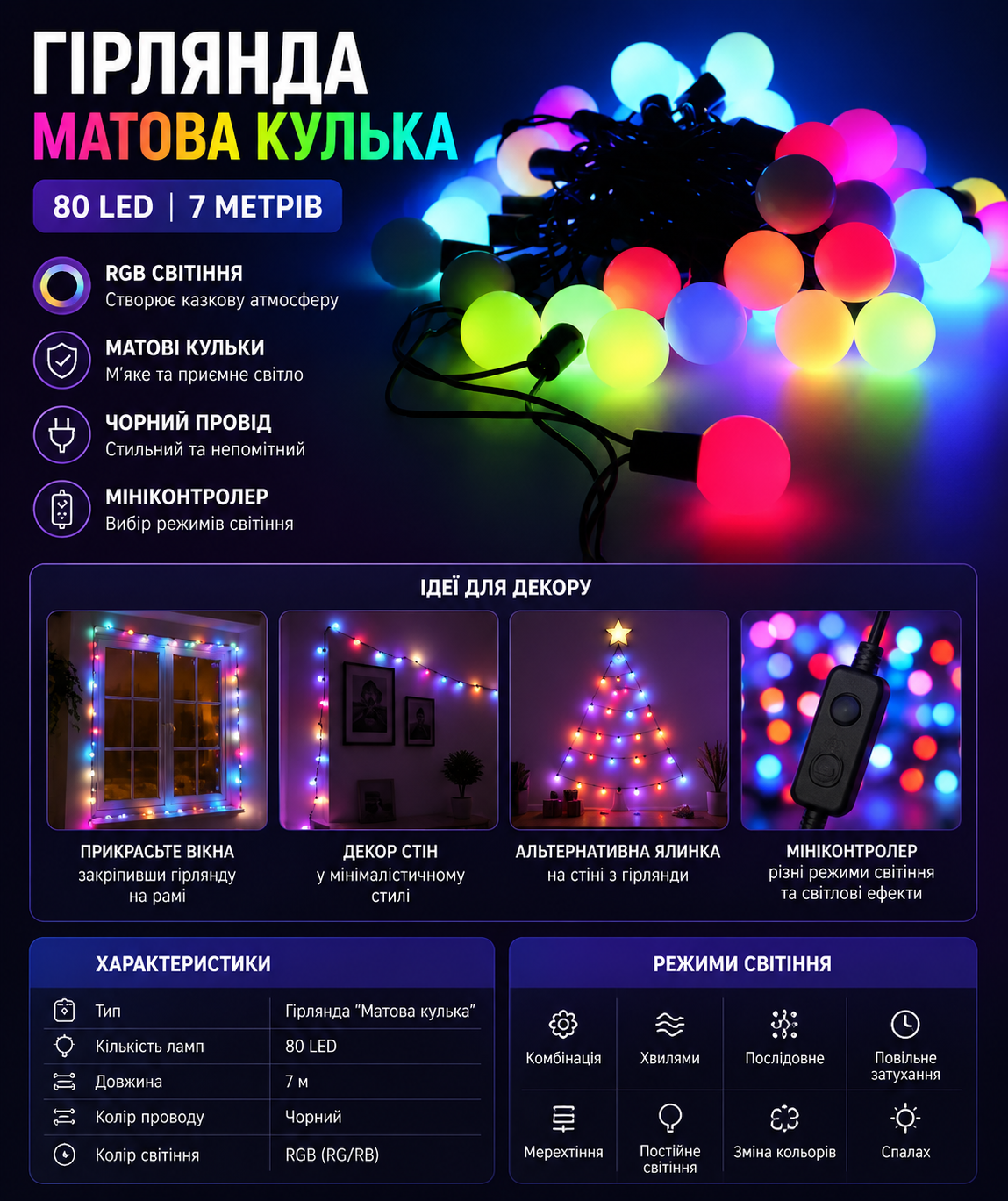 Гірлянда Матова кулька RGB 80 LED купити Україна